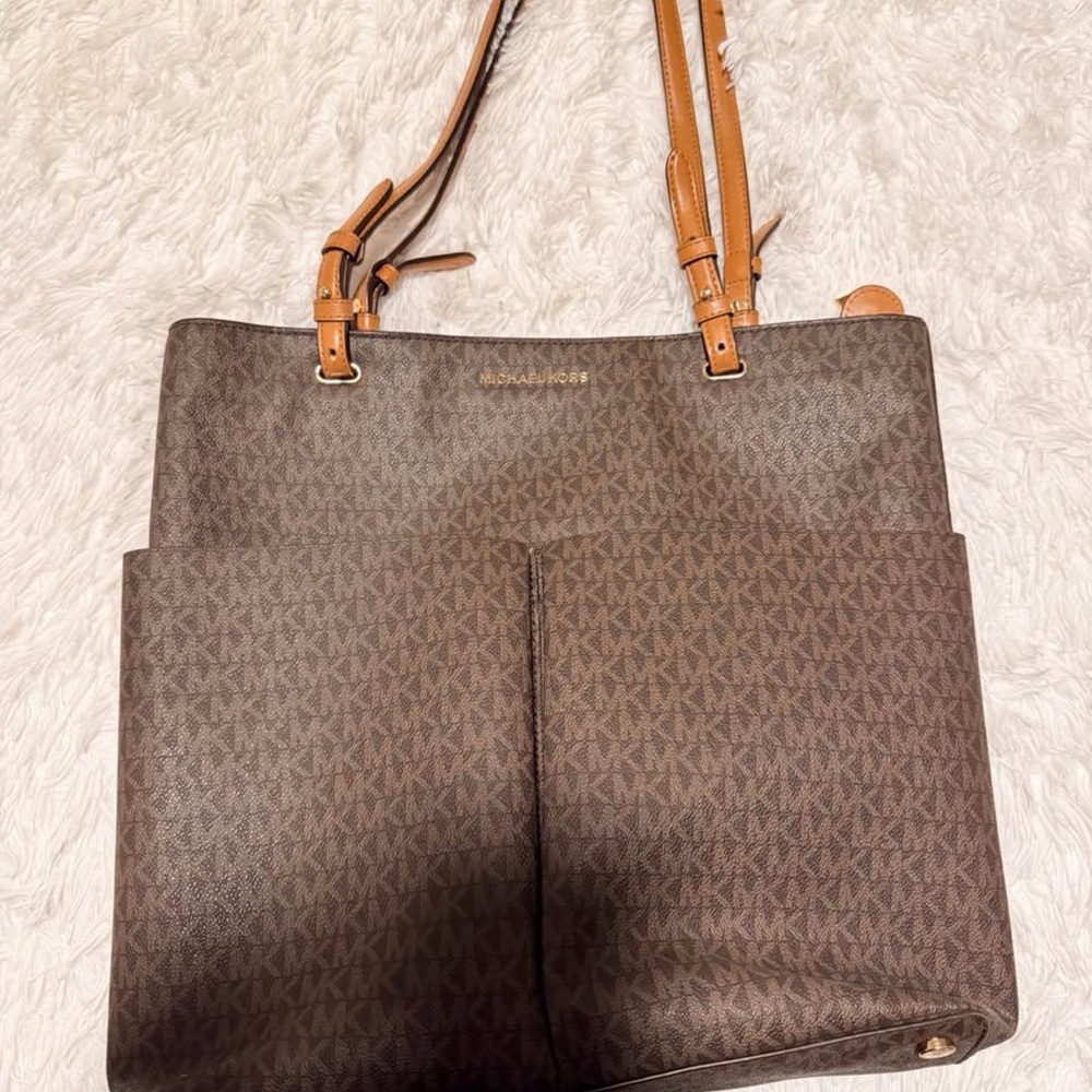 Michael Kors Brown MK Monogram Tote with Tan Straps